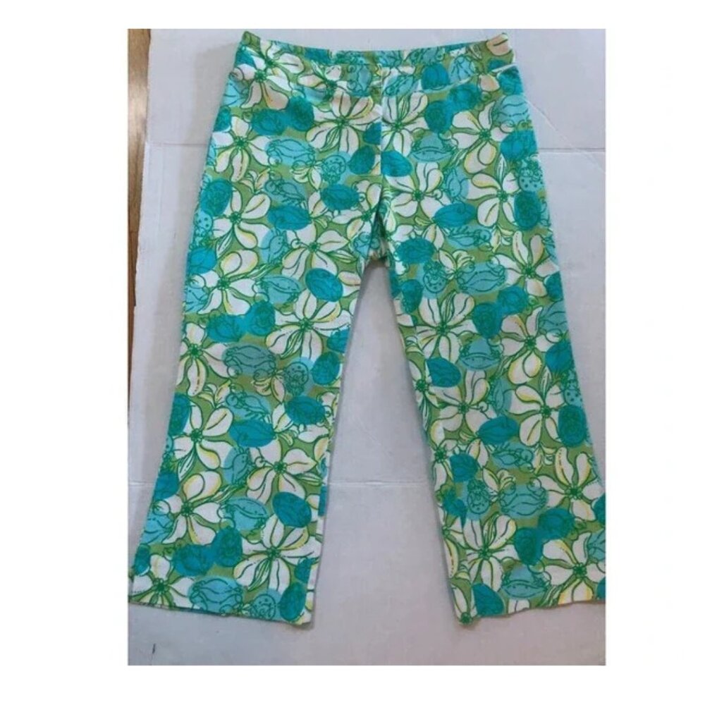 Lilly Pulitzer floral green blue white magnolia flower capri pants size 8
